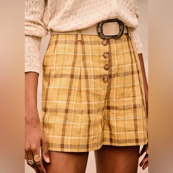 Sezane Pants - Sezane High Waist Plaid Linen Shorts 10US 42EU